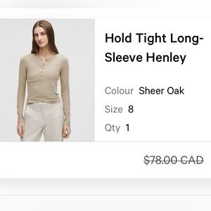 Lululemon Hold Tight Long-Sleeve Henley - Sheer Oak - NWT